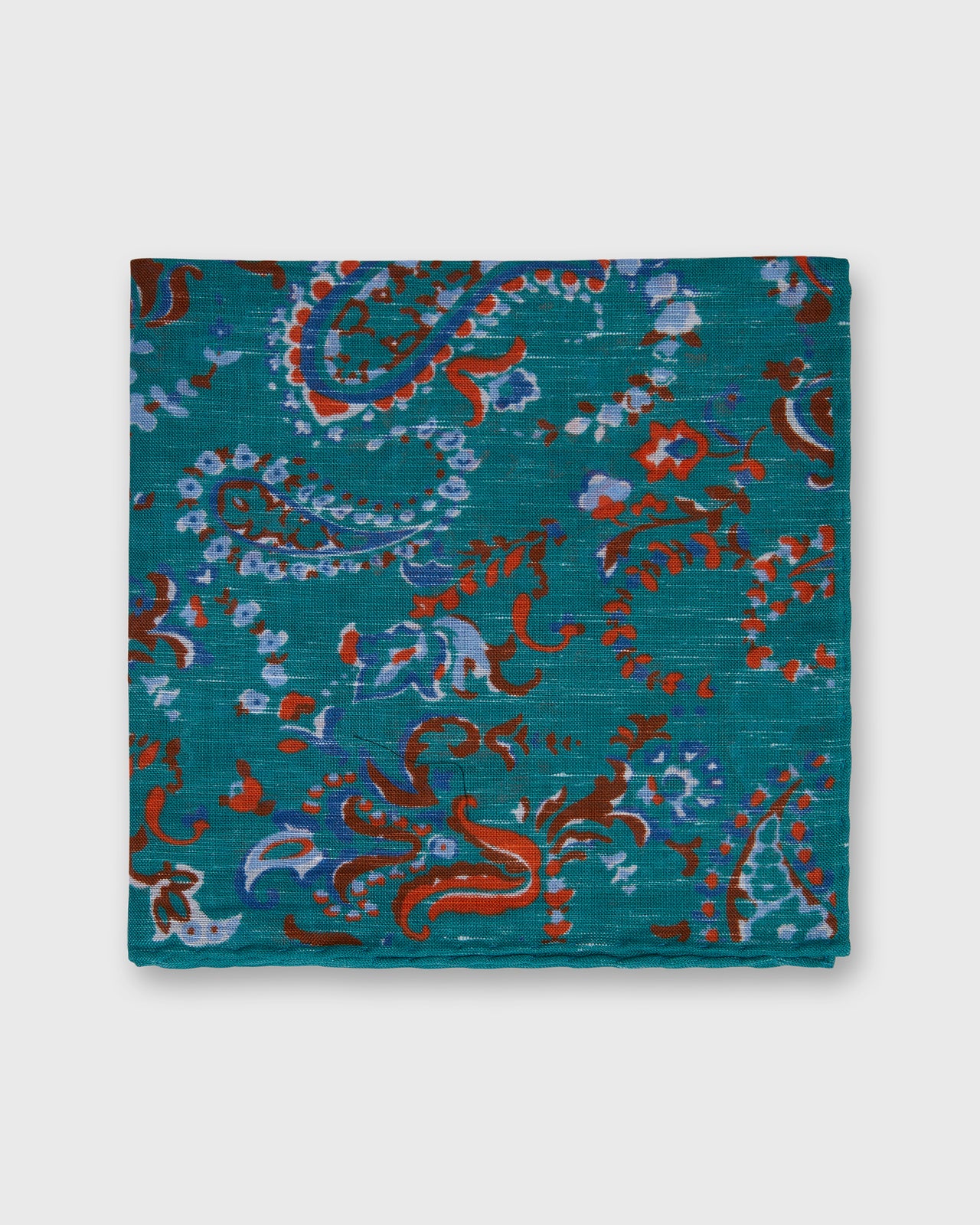 Hand-Rolled Linen/Cotton Pocket Square in River/Orange Paisley Floral