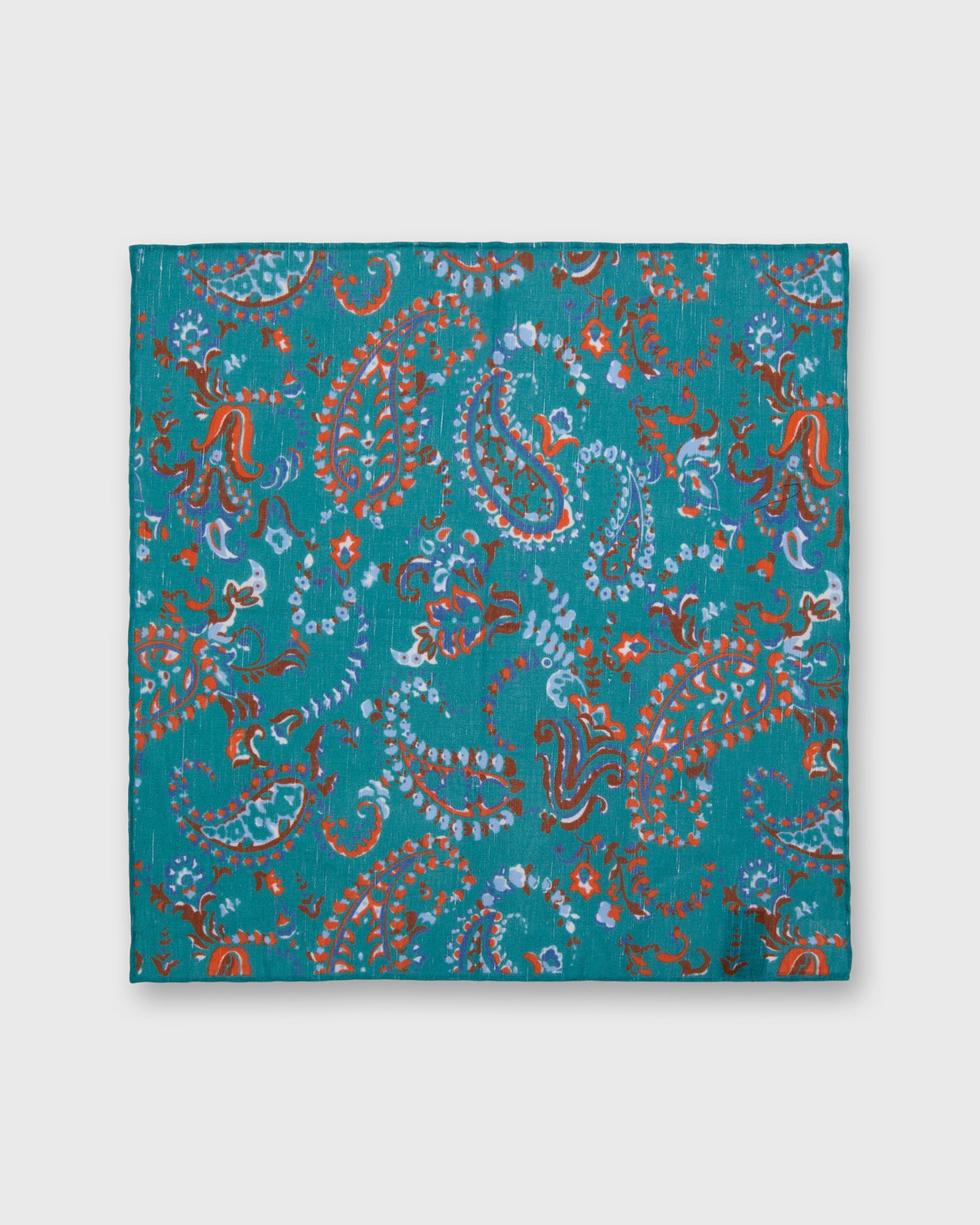 Hand-Rolled Linen/Cotton Pocket Square in River/Orange Paisley Floral