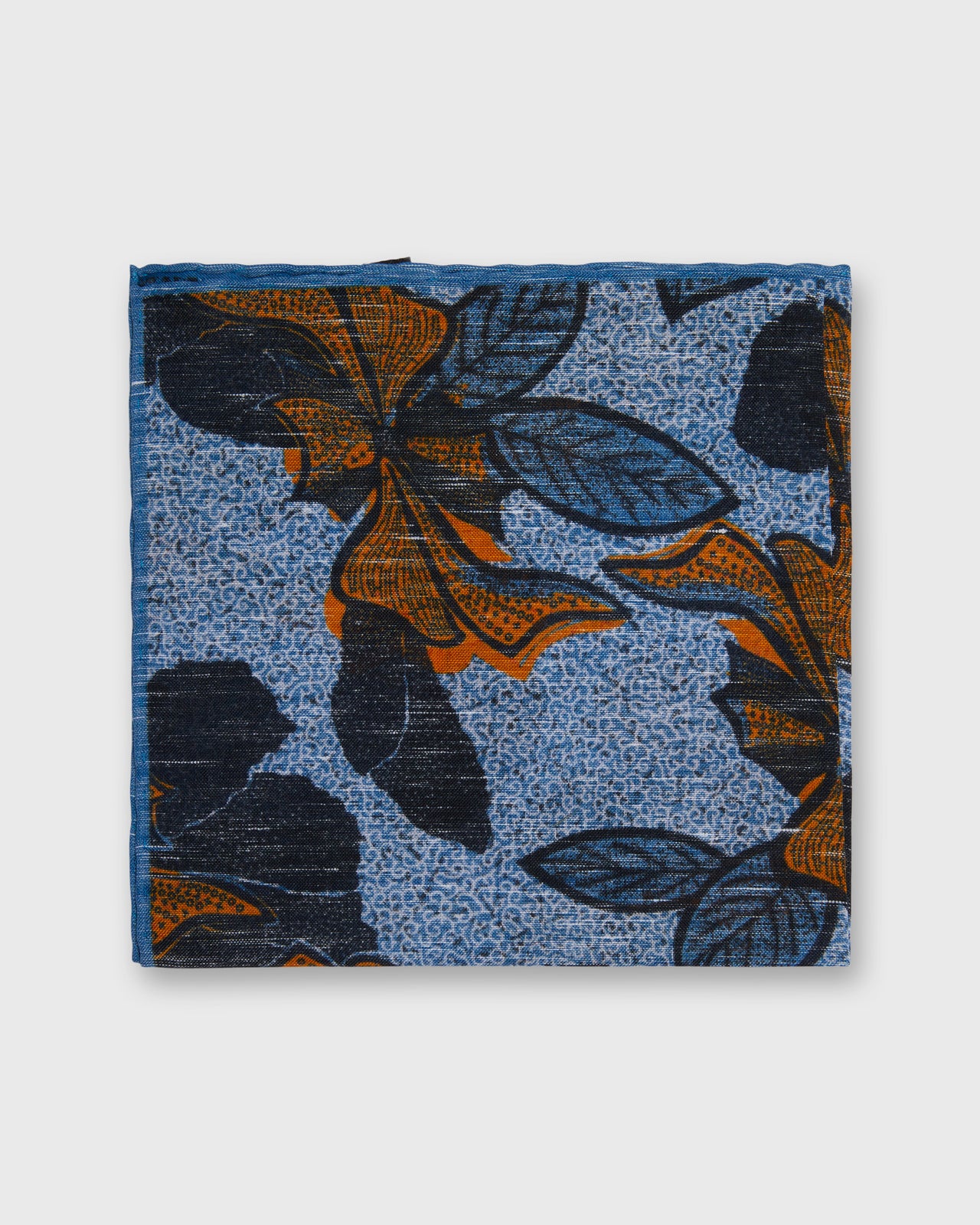 Hand-Rolled Linen/Cotton Pocket Square in Blue/Gold Large Flower