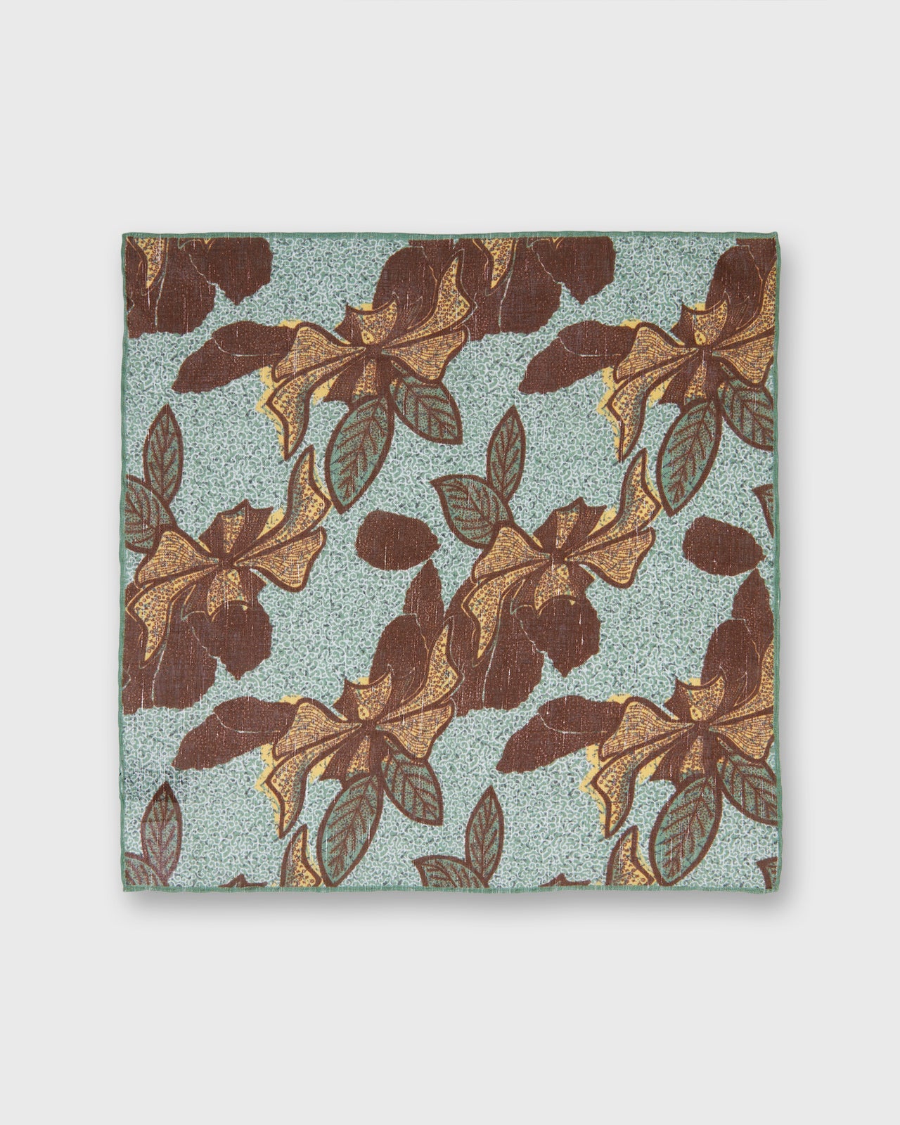 Hand-Rolled Linen/Cotton Pocket Square in Sage/Brown Large Flower