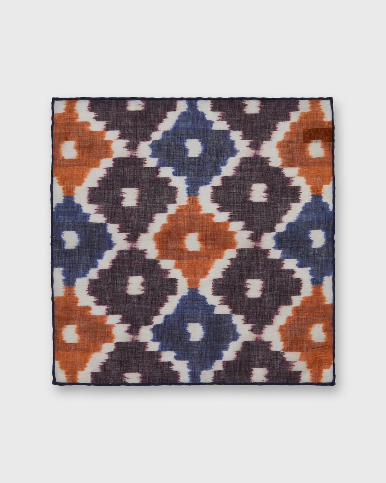 Hand-Rolled Cotton/Linen Pocket Square in Ginger/Navy Ikat
