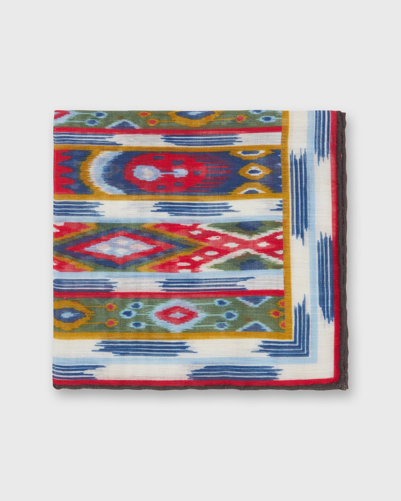 Hand-Rolled Cotton/Linen Pocket Square in Bone/Multi Ikat