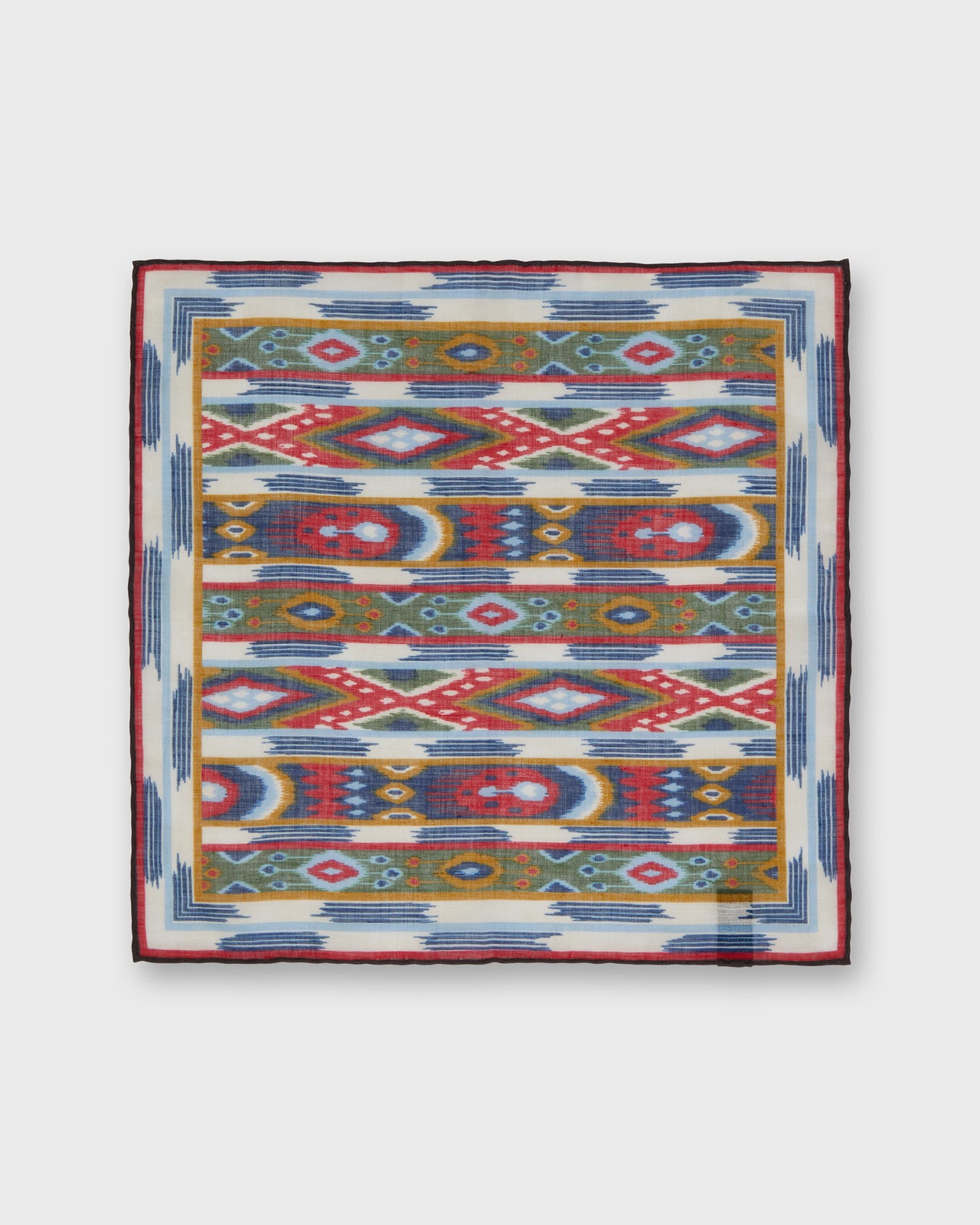 Hand-Rolled Cotton/Linen Pocket Square in Bone/Multi Ikat